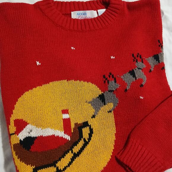 VTG AVON Fashions Women's Med Santa w/Sleigh Sweater Red/Black Ribbed Crew Neck - Picture 14 of 14